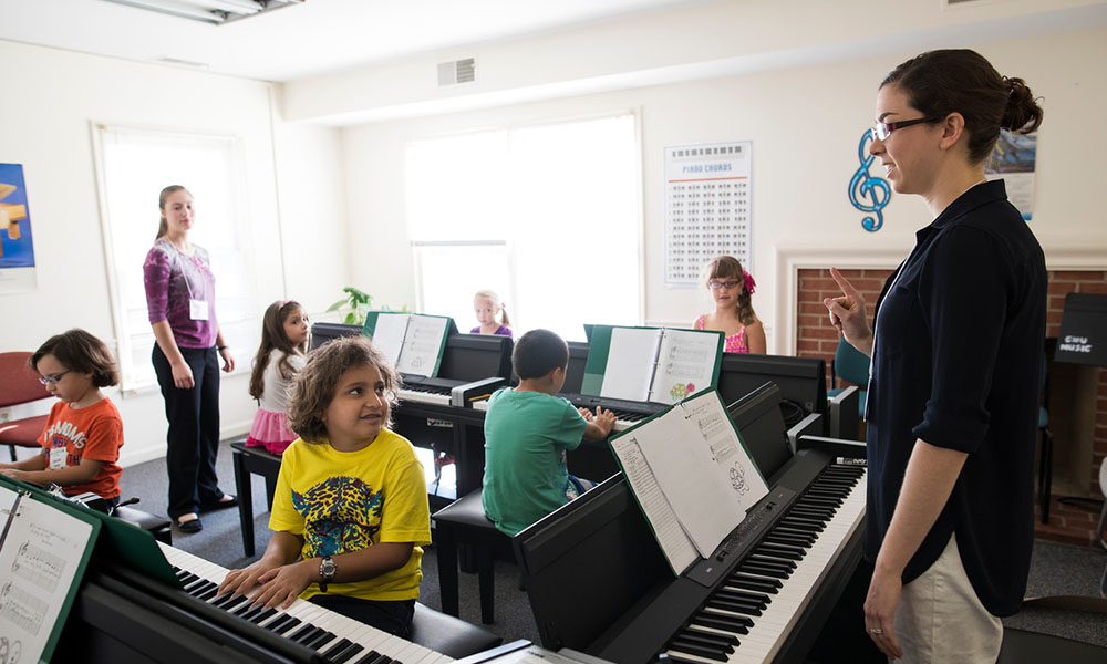 Students learning music